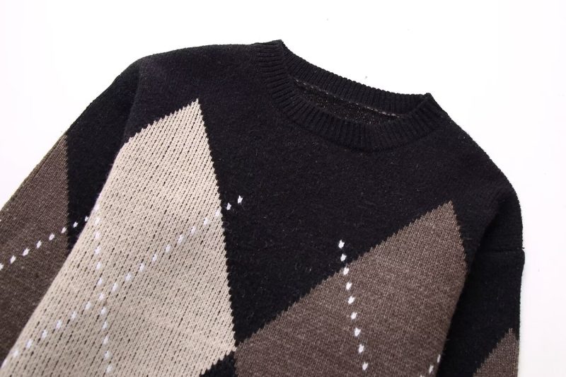 Winter Women Clothing round Neck Diamond Contrast Color All Matching Pullover Knitted Wool - Image 4