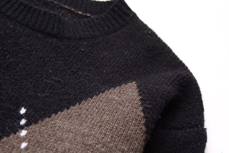 Winter Women Clothing round Neck Diamond Contrast Color All Matching Pullover Knitted Wool - Image 5