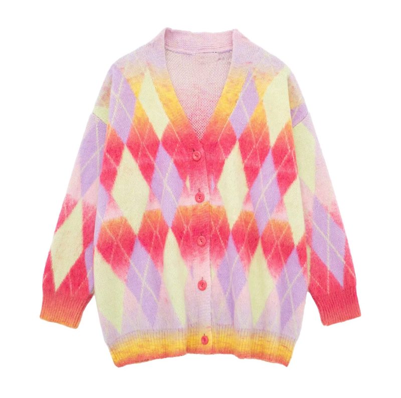 Retro V-Neck Rhombus Cardigan - Winter Sweater Coat - Image 3