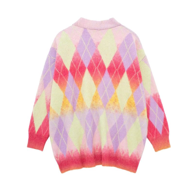 Retro V-Neck Rhombus Cardigan - Winter Sweater Coat - Image 4