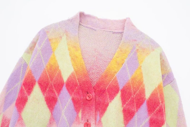 Retro V-Neck Rhombus Cardigan - Winter Sweater Coat - Image 5