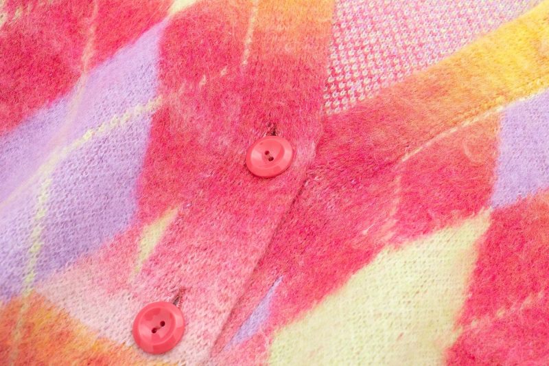 Retro V-Neck Rhombus Cardigan - Winter Sweater Coat - Image 8