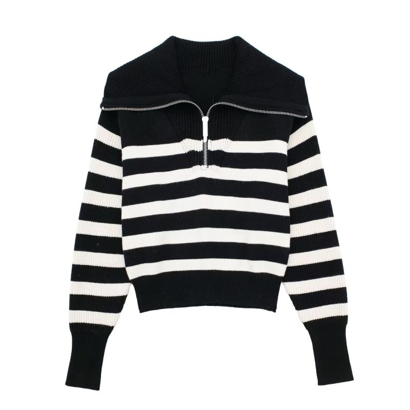 Striped Zipper Polo Coat - Women's Thick Short Sweater - Image 4