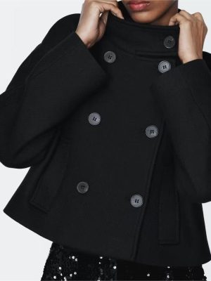 Stand Collar Double-Breasted Woolen Coat – Office Chic