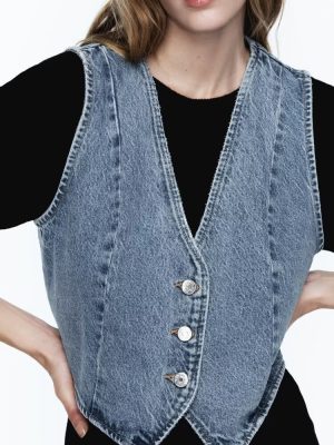 Retro V-Neck Denim Vest – All-Matching Style