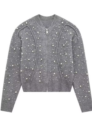 Gray Heavy Beads Cardigan – Winter Slimming Sweater