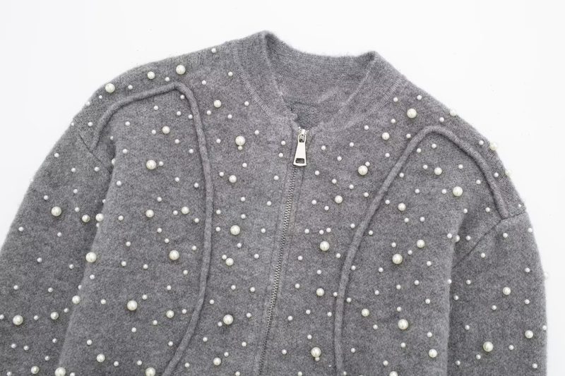 Gray Heavy Beads Cardigan - Winter Slimming Sweater - Image 3
