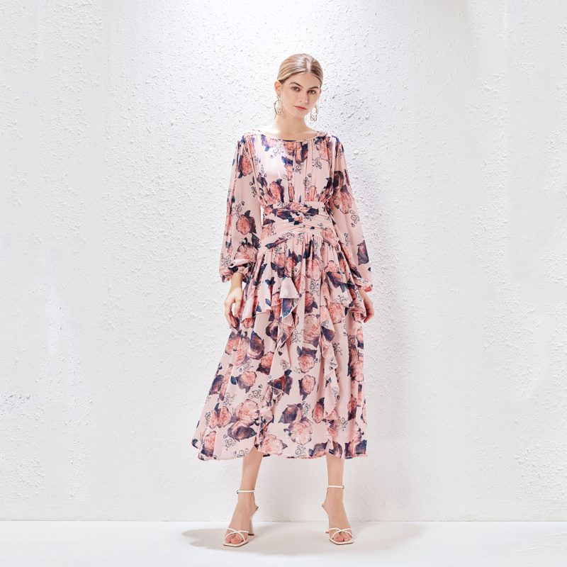 Ruffled Printed Maxi Dress | Feminine Lantern Sleeve - Image 3