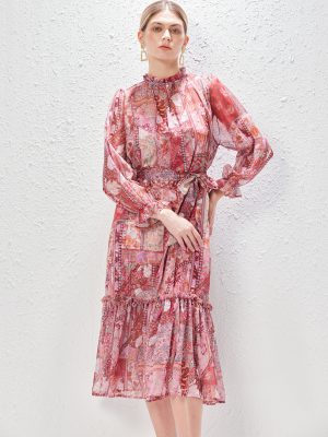 Print Stand Collar Lace-Up Long Holiday Dress