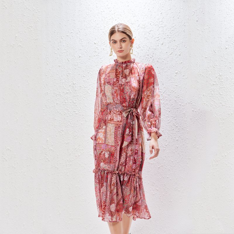 Print Stand Collar Lace-Up Long Holiday Dress - Image 2