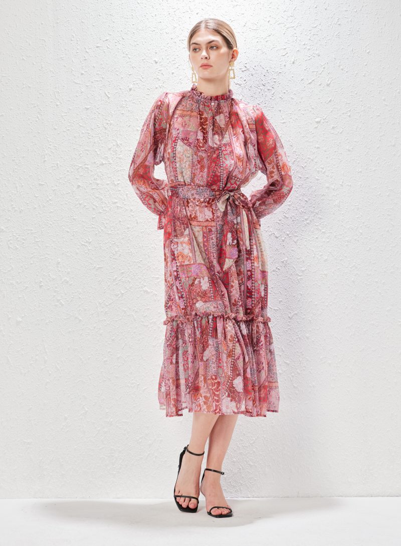 Print Stand Collar Lace-Up Long Holiday Dress - Image 3