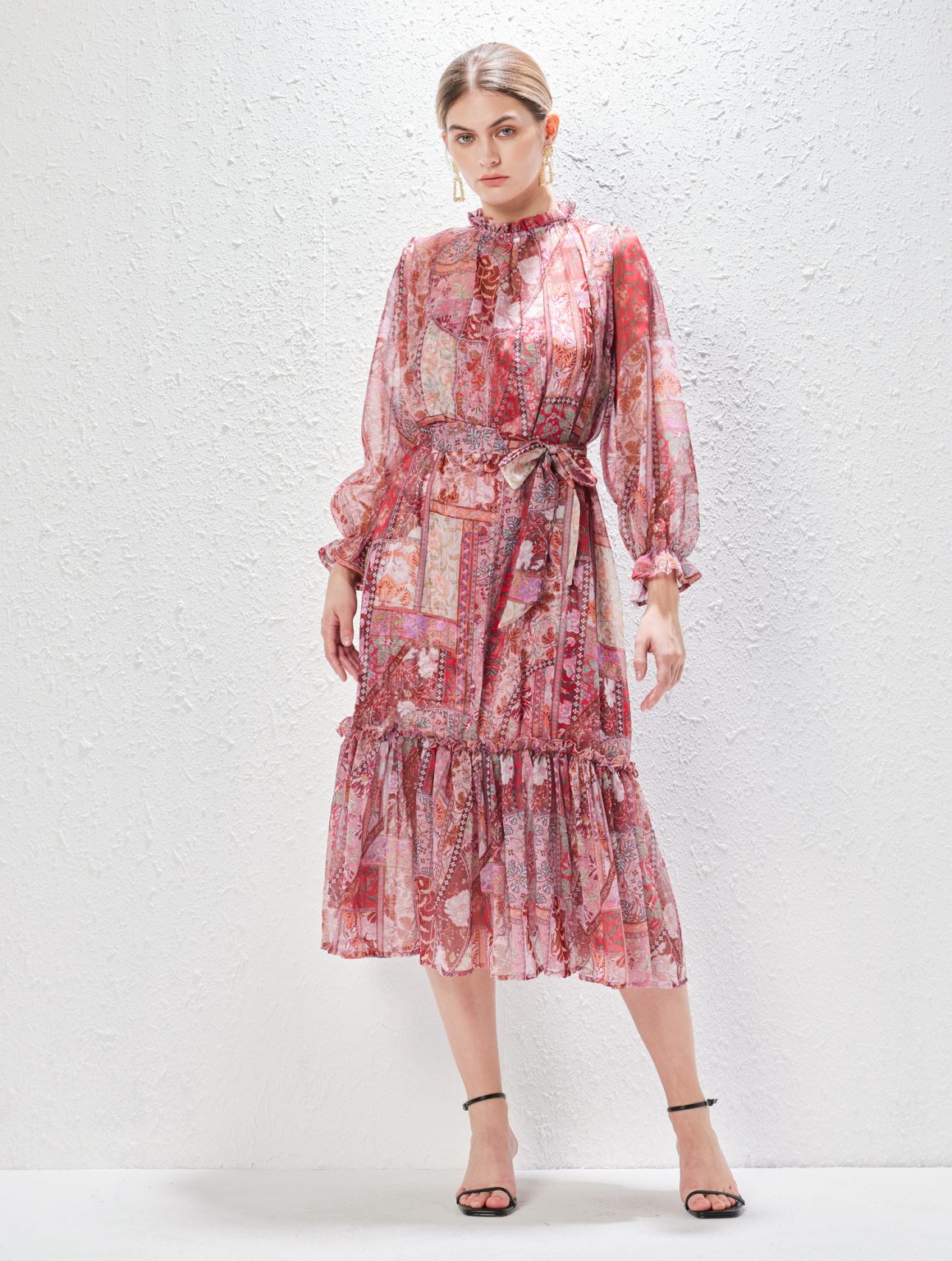 Print Stand Collar Lace-Up Long Holiday Dress - Image 4