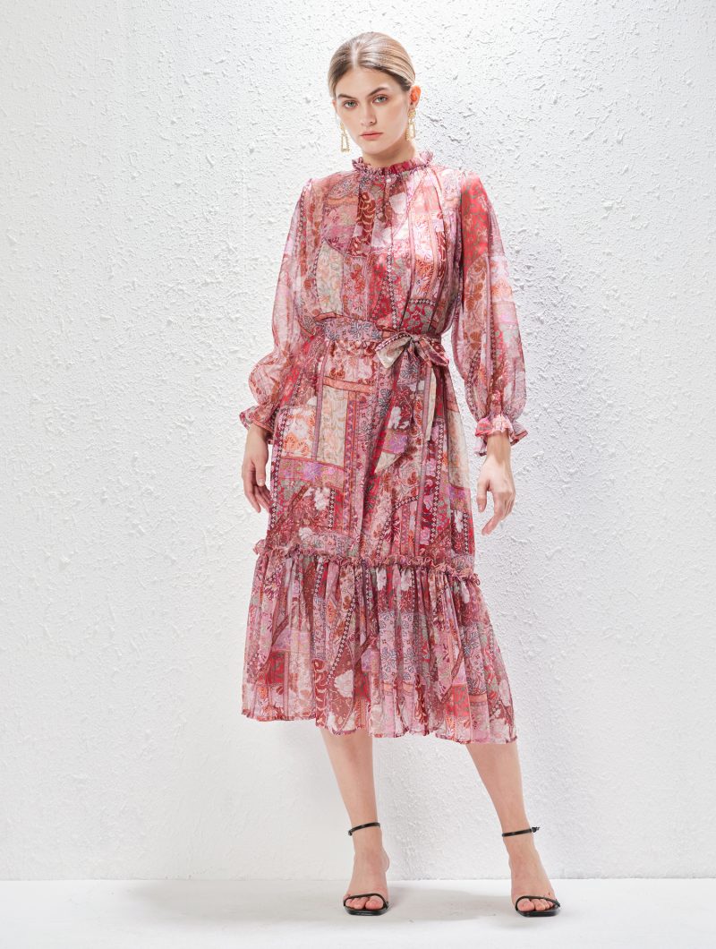 Print Stand Collar Lace-Up Long Holiday Dress - Image 4