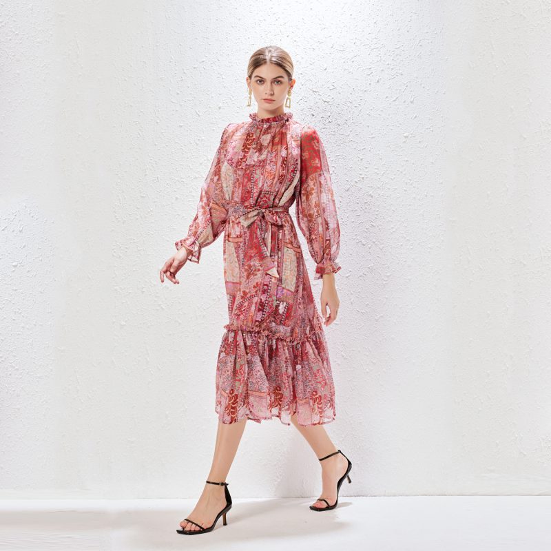 Print Stand Collar Lace-Up Long Holiday Dress - Image 5