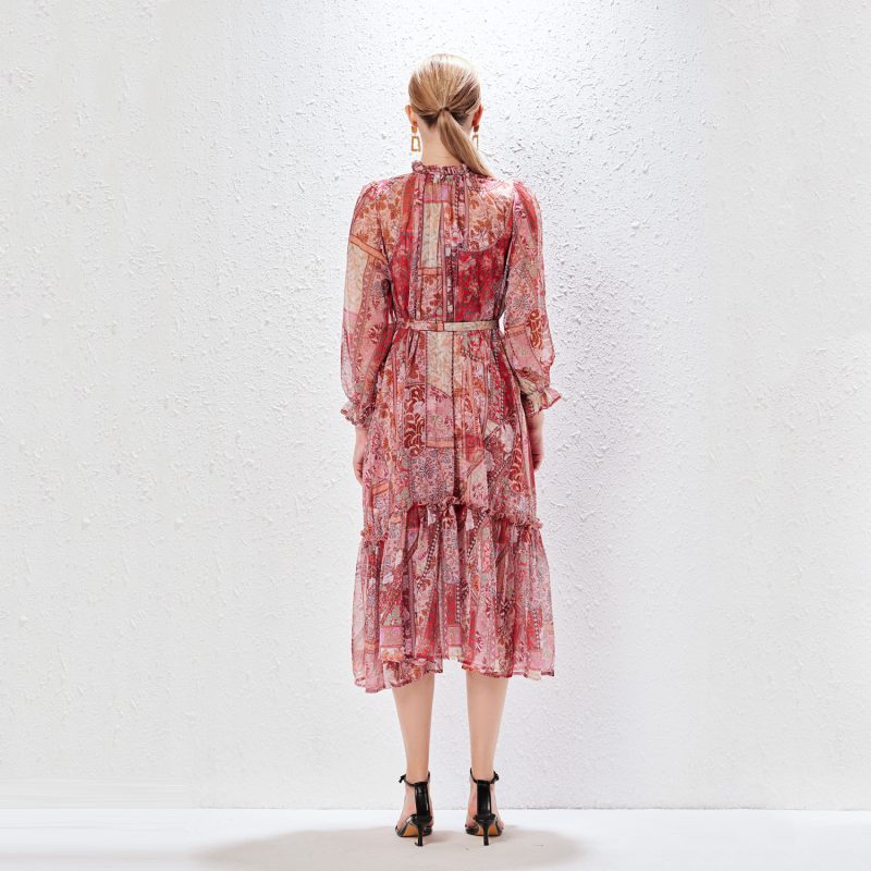 Print Stand Collar Lace-Up Long Holiday Dress - Image 6