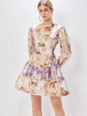 Printed Lantern Sleeve Lace-Up Dress | Floral Holiday