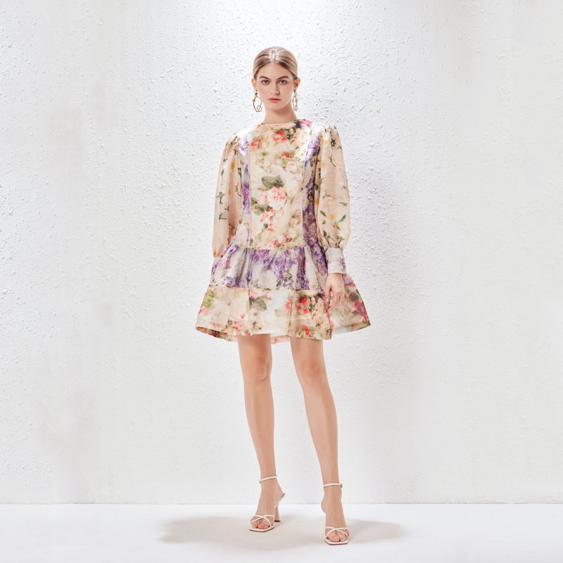 Printed Lantern Sleeve Lace-Up Dress | Floral Holiday - Image 3