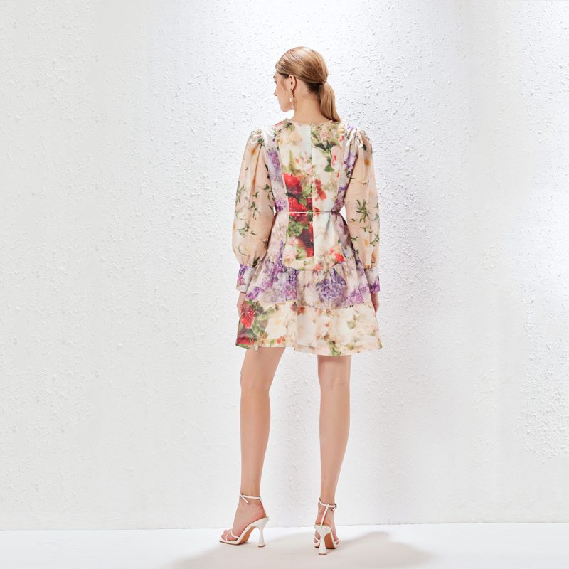 Printed Lantern Sleeve Lace-Up Dress | Floral Holiday - Image 4