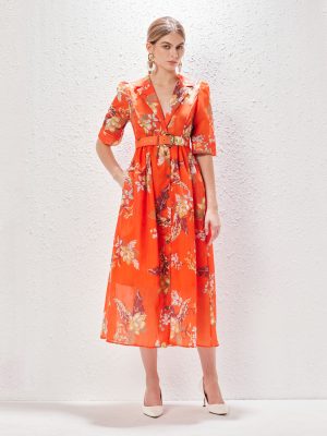 Summer Printed Blazer Collar Midi Dress | Single-Breasted