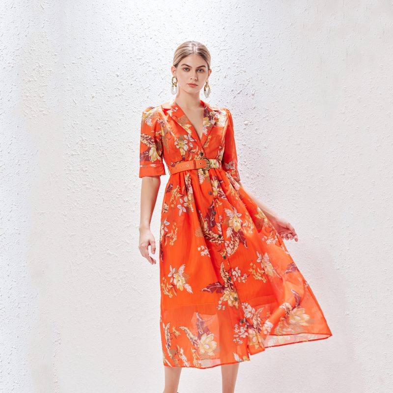 Summer Printed Blazer Collar Midi Dress | Single-Breasted - Image 3