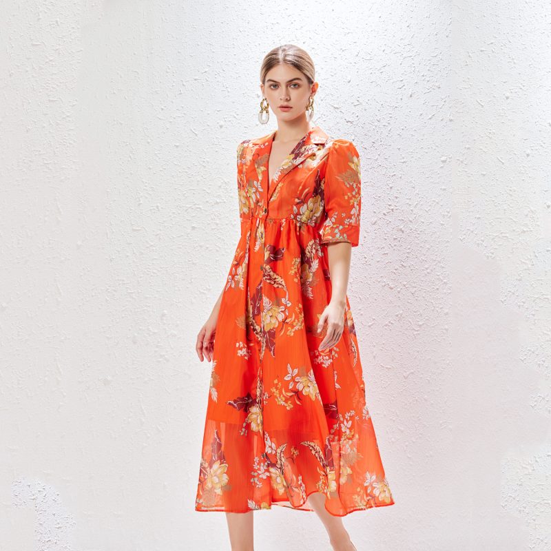 Summer Printed Blazer Collar Midi Dress | Single-Breasted - Image 5