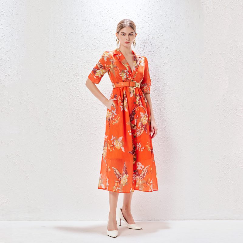 Summer Printed Blazer Collar Midi Dress | Single-Breasted - Image 6