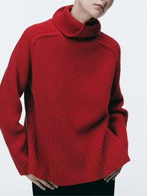 Red Stand Collar Split Sweater – Autumn/Winter Chic