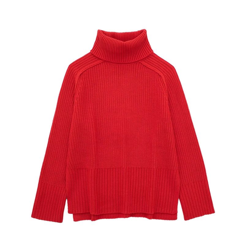 Red Stand Collar Split Sweater - Autumn/Winter Chic - Image 2