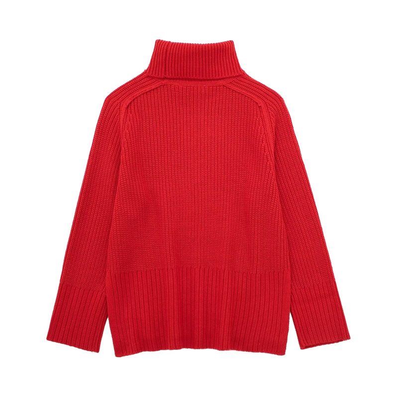 Red Stand Collar Split Sweater - Autumn/Winter Chic - Image 3