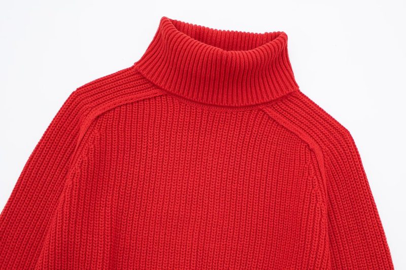 Red Stand Collar Split Sweater - Autumn/Winter Chic - Image 4