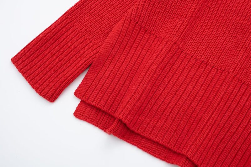 Red Stand Collar Split Sweater - Autumn/Winter Chic - Image 7