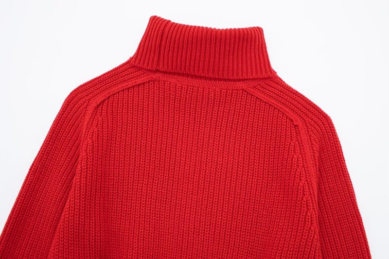 Red Stand Collar Split Sweater - Autumn/Winter Chic - Image 10