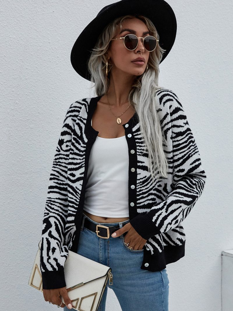 Printed Knitted Cardigan | Office Round Neck Knitwear Sweater - Image 3