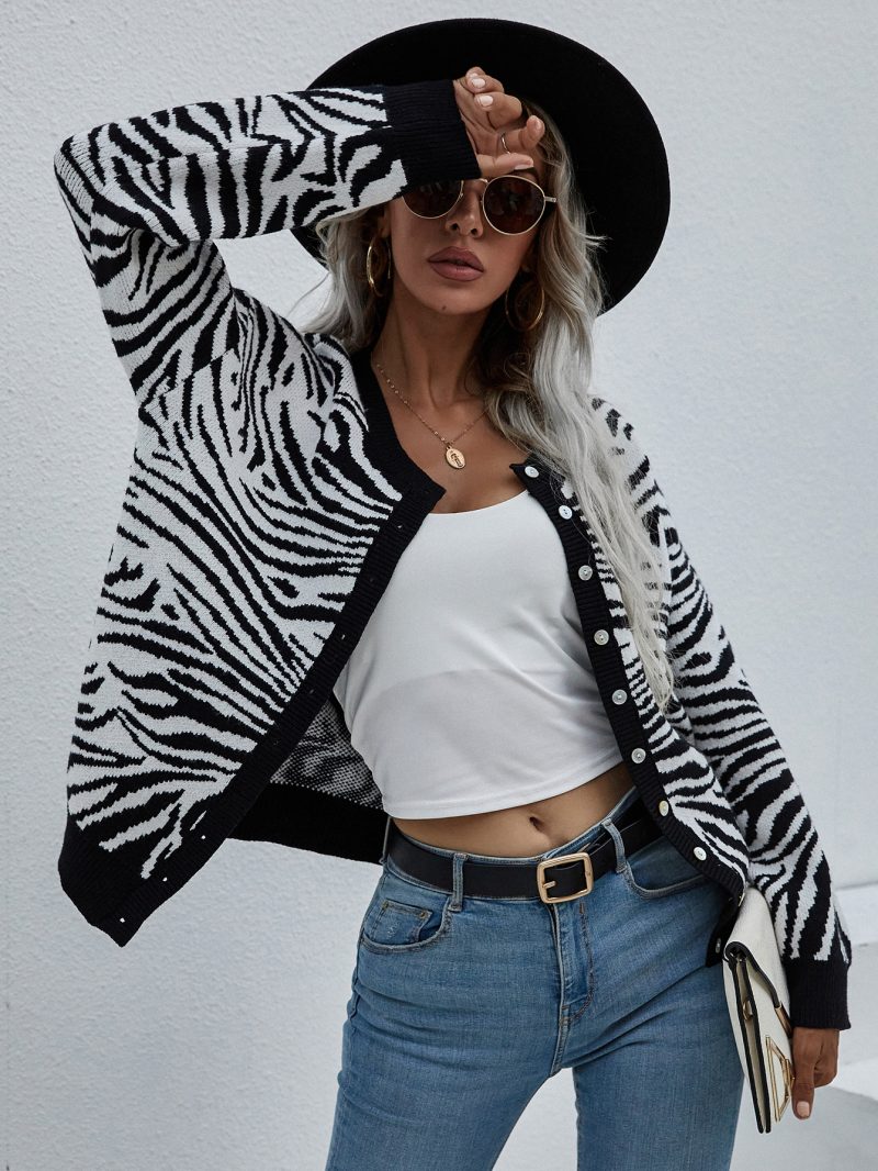 Printed Knitted Cardigan | Office Round Neck Knitwear Sweater - Image 4
