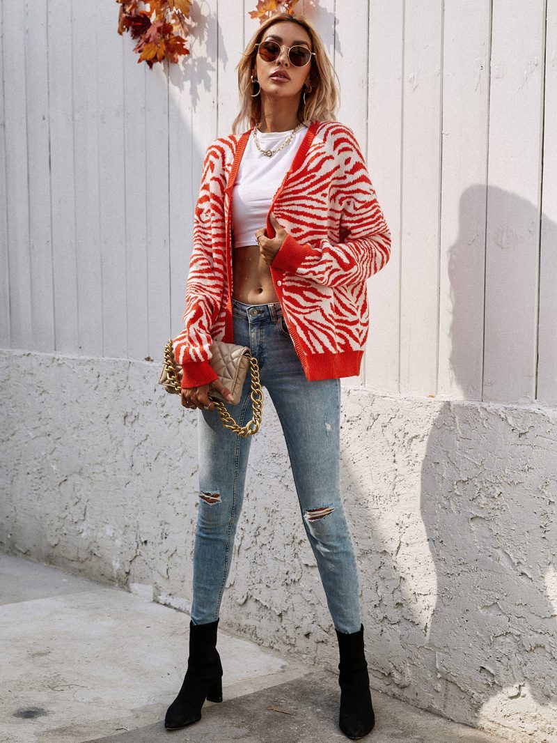 Printed Knitted Cardigan | Office Round Neck Knitwear Sweater - Image 7