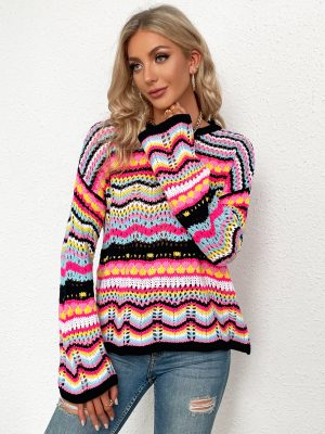 New Rainbow Round Neck Striped Sweater | Stitching Knitwear