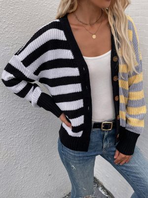 Striped Loose Casual Single Breasted Cardigan | Women’s Sweater