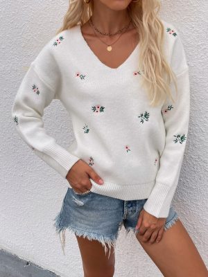 New Printed V-neck Plus Size Knitwear Pullover | Women’s Sweater