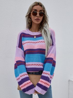 Autumn New Rainbow Color Loose Knitwear Pullover for Women