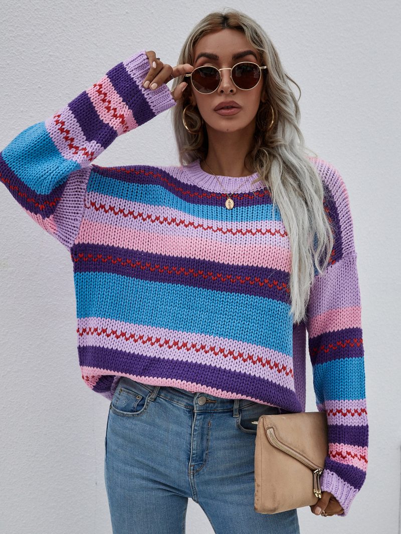 Autumn New Rainbow Color Loose Knitwear Pullover for Women - Image 2