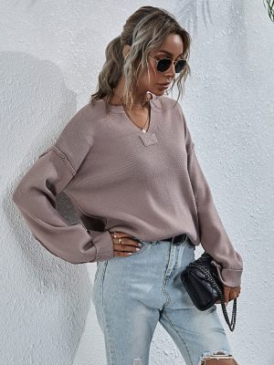 Plus Size V-neck Pullover | Autumn Winter Solid Color Sweater