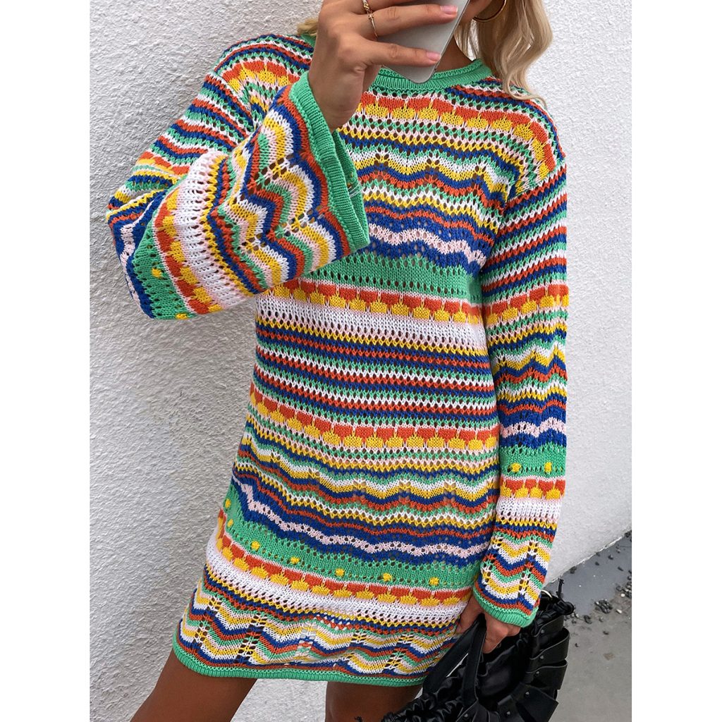 Chevron Chic: Loose Fit Long Sleeve Jersey Top for Casual Style in Spring/Fall - Image 2