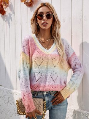 Printed Rainbow V-neck Knitwear Pullover | Women’s Sweater