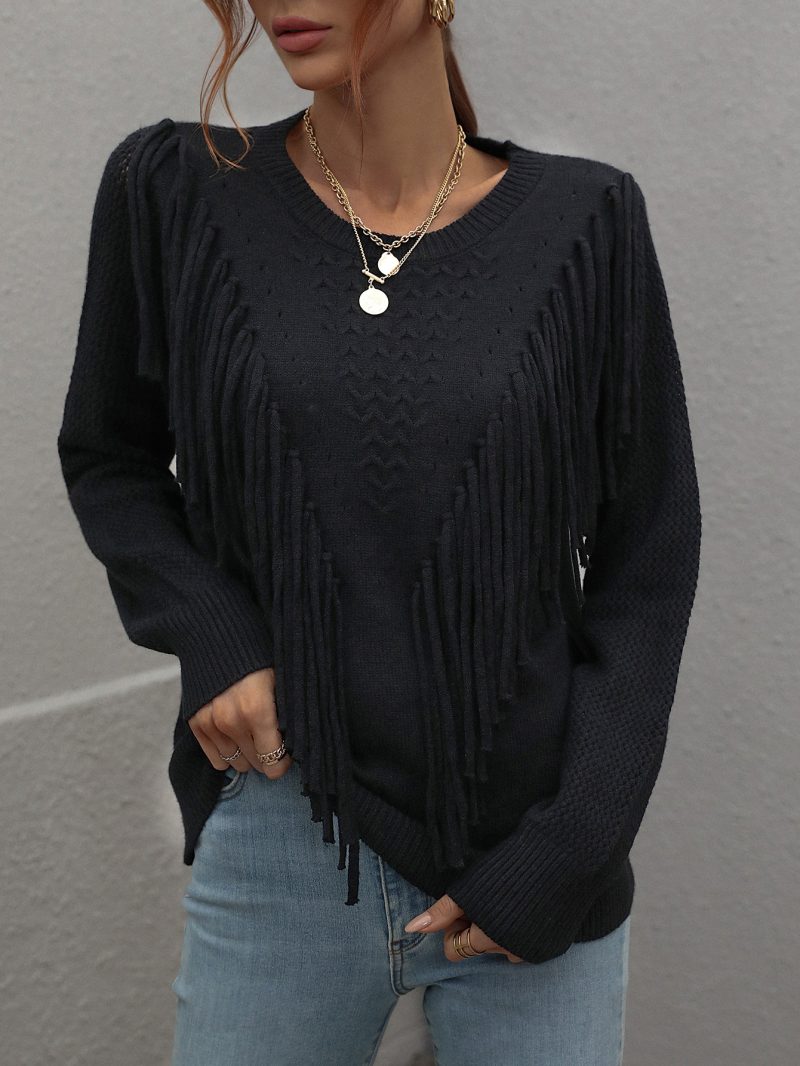 Loose Solid Color Tassel Sweater | Women's Pullover - Image 2