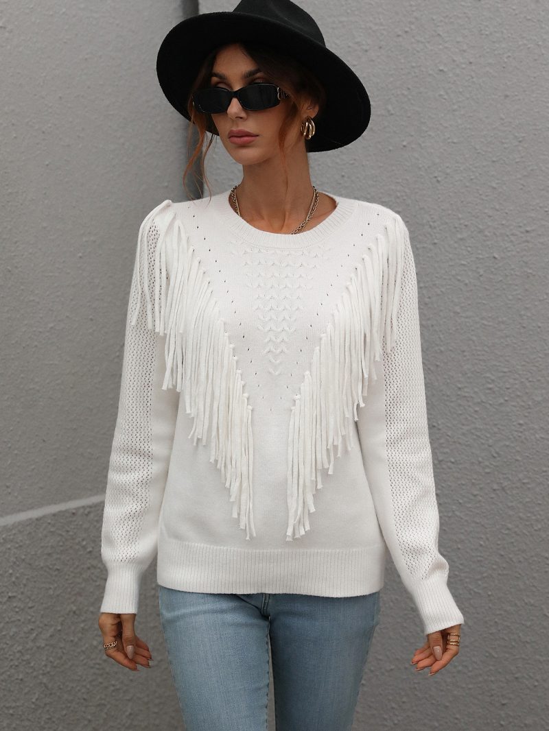 Loose Solid Color Tassel Sweater | Women's Pullover - Image 5