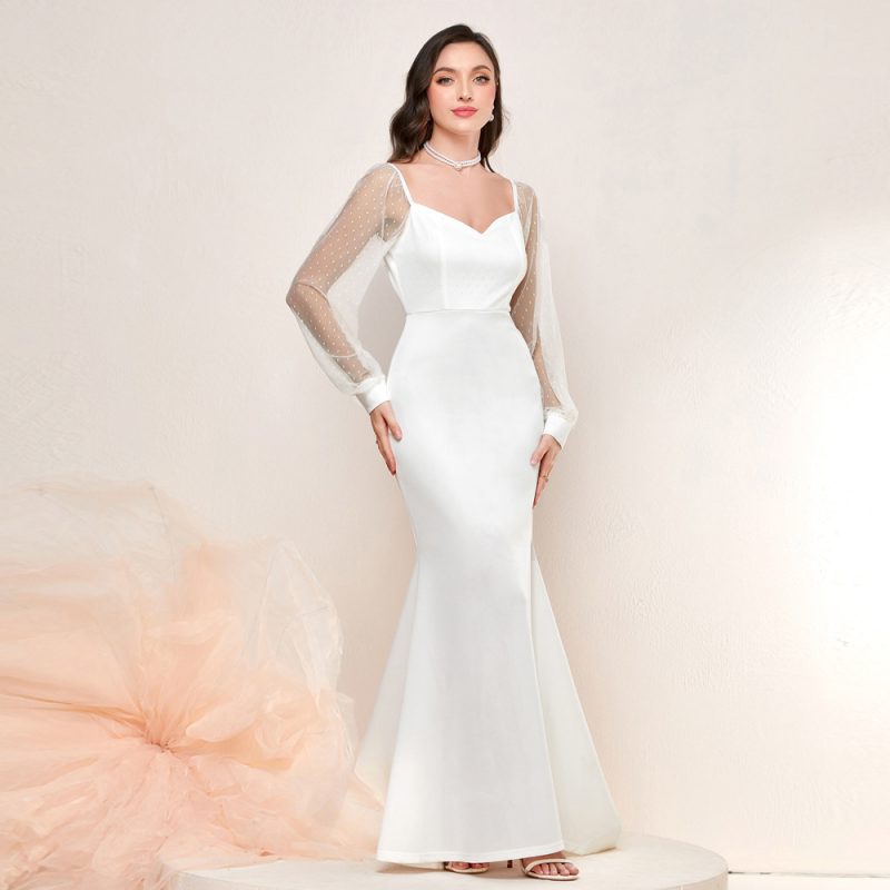 Elegant French Mesh Sleeves Fishtail Dress - Image 2