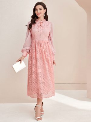 Elegant Stitched Sleeves High Waist Autumn Dress