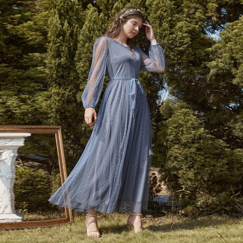 Women Clothing Dress Autumn Winter round Neck A line Dress Stitching Mesh Maxi Dress - Image 3