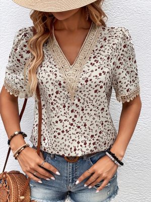 Floral V-Neck Loose Ruffled Top – Chic Women’s Fashion