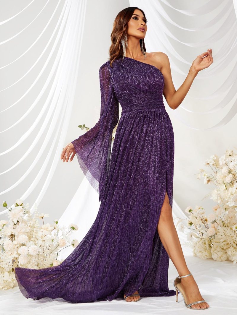 Oblique Shoulder Bright Silk Maxi Dress - Image 5
